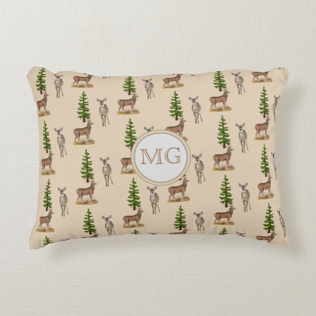 Monogram hertenpatroon beige accent kussen (Voorkant)
