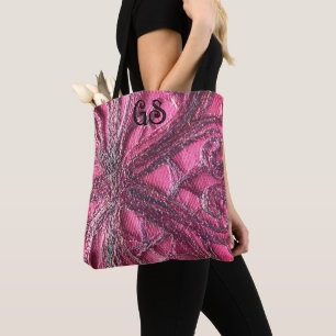 Monogram hete roze elegante bloemenprint borduurwe tote bag