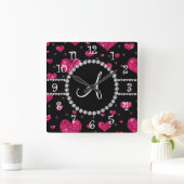 Monogram hete roze glitter harst zwarte diamanten vierkante klok (Huis)