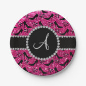 Monogram hete roze glitter zwarte heupstrik papieren bordje (Voorkant)