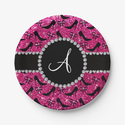 Monogram hete roze glitter zwarte heupstrik papieren bordje (Voorkant)