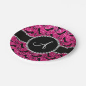 Monogram hete roze glitter zwarte heupstrik papieren bordje (Gekanteld)