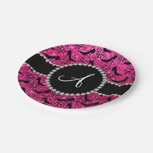 Monogram hete roze glitter zwarte heupstrik papieren bordje (Gekanteld)