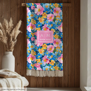 Monogram hete roze waterverf preppy bloemen cadeau fleece deken