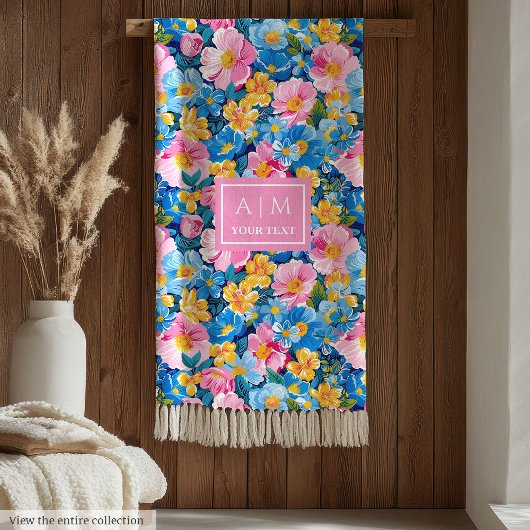 Monogram hete roze waterverf preppy bloemen cadeau fleece deken