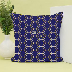 Monogram hexagon patroon blauw geel Manly Elegant Kussen