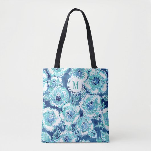 Monogram HIBISCUS BOUNTY Blue Tropical Hawaiian Tote Bag (Voorkant)