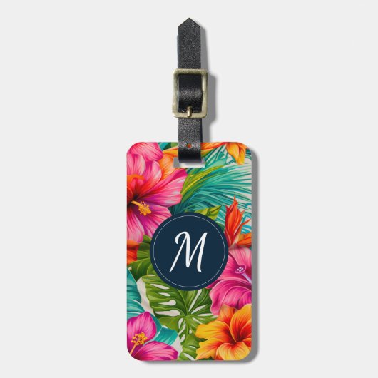 Monogram hibiscus van tropische bloem bagagelabel (Voorkant verticaal)