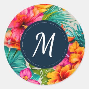 Monogram hibiscus van tropische bloem ronde sticker