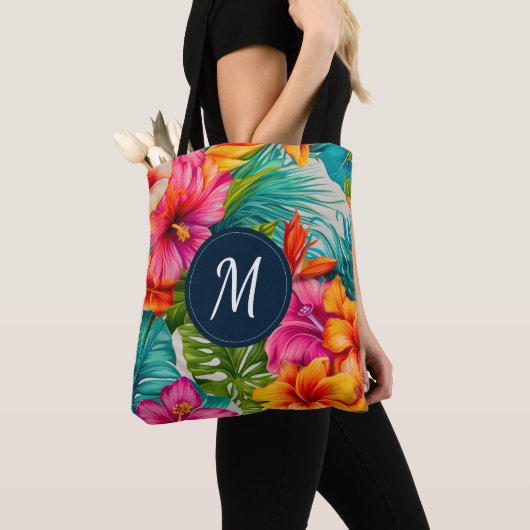 Monogram hibiscus van tropische bloem tote bag (Dichtbij)