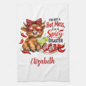 Monogram Highland Cow Hot Mess Funny Humorous  Theedoek (Verticaal)