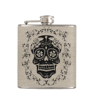 Monogram Hipster Black Sugar Skull op Burlap Heupfles