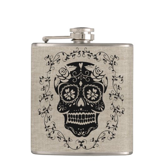 Monogram Hipster Black Sugar Skull op Burlap Heupfles (Voorkant)