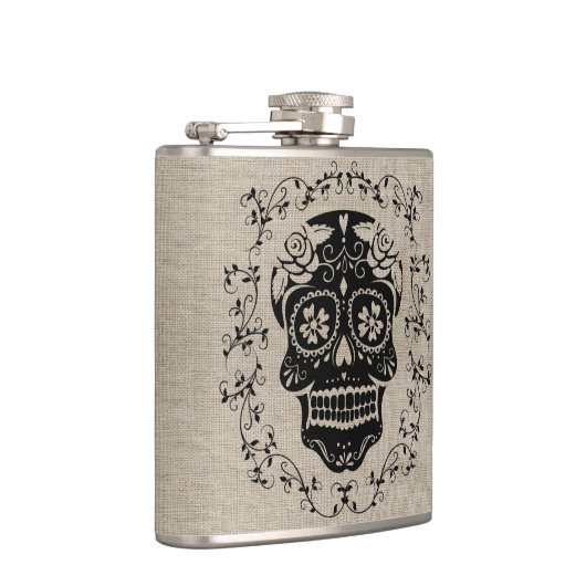 Monogram Hipster Black Sugar Skull op Burlap Heupfles (Rechts)