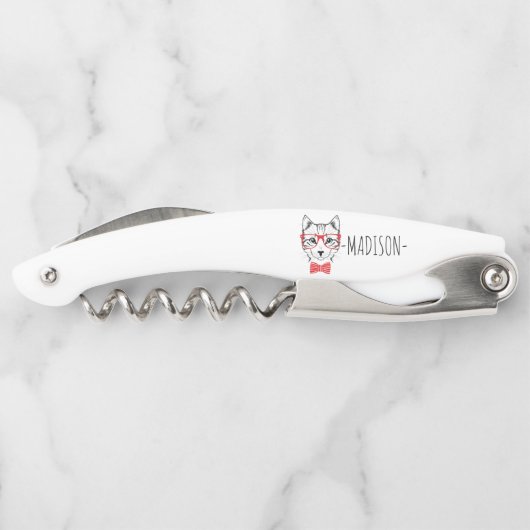 Monogram Hipster Cat met Fancy Rode Bow Kurkentrekker (Achterkant)