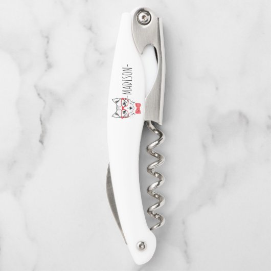 Monogram Hipster Cat met Fancy Rode Bow Kurkentrekker (Achterkant)