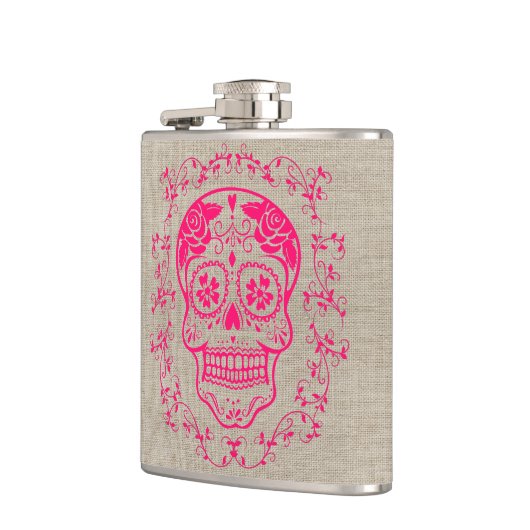 Monogram Hipster Hot Pink Sugar Skull op Burlap Heupfles (Links)