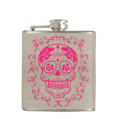 Monogram Hipster Hot Pink Sugar Skull op Burlap Heupfles (Voorkant)