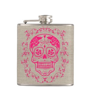 Monogram Hipster Hot Pink Sugar Skull op Burlap Heupfles