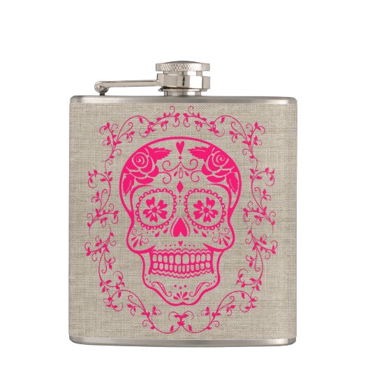 Monogram Hipster Hot Pink Sugar Skull op Burlap Heupfles (Voorkant)