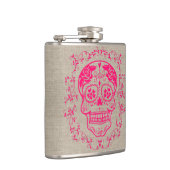 Monogram Hipster Hot Pink Sugar Skull op Burlap Heupfles (Rechts)