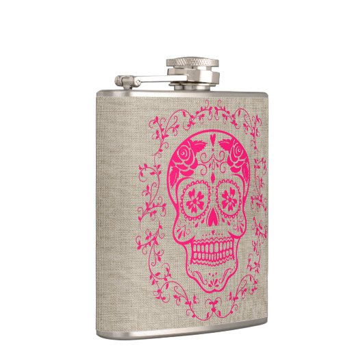 Monogram Hipster Hot Pink Sugar Skull op Burlap Heupfles (Rechts)