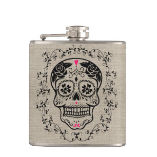 Monogram Hipster Sugar Skull op Burlap Heupfles