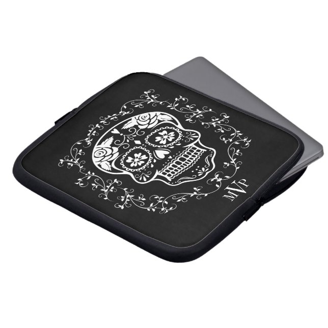 Monogram Hipster White Sugar Skull Laptop Sleeve (Voorkant top)