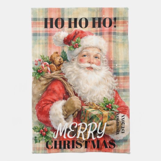 Monogram Ho ho ho Prettig kerstfeest Kerstman rood Theedoek (Verticaal)