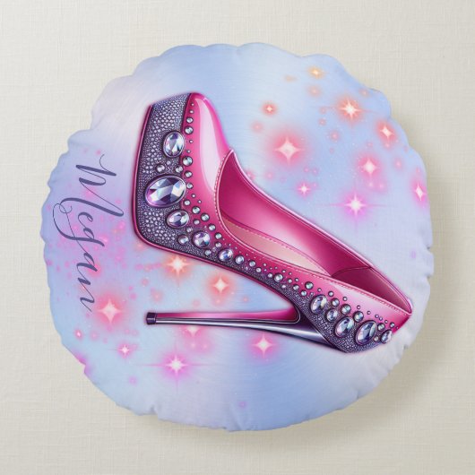 Monogram Hoge hak in glitter roze op blauw | Rond Kussen (Voorkant)