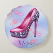 Monogram Hoge hak in glitter roze op blauw | Rond Kussen (Achterkant)