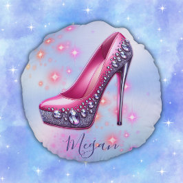 Monogram Hoge hak in glitter roze op blauw | Rond Kussen