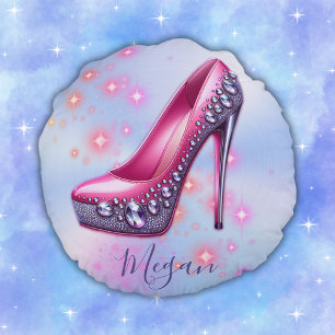 Monogram Hoge hak in glitter roze op blauw   Rond Kussen