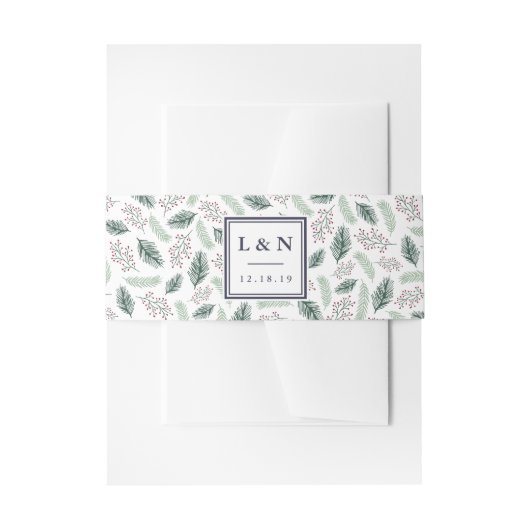 Monogram Holly and Pine Wedding Uitnodigingen Wikkel (Voorkant Voorbeeld)