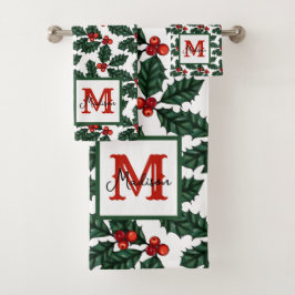 Monogram Holly Berry Christmas Bad Handdoek