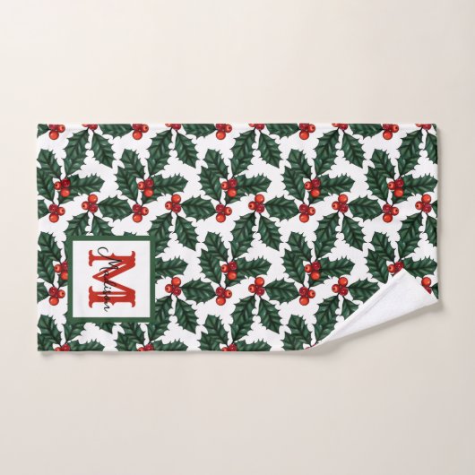 Monogram Holly Berry Christmas Bad Handdoek (Handdoek)