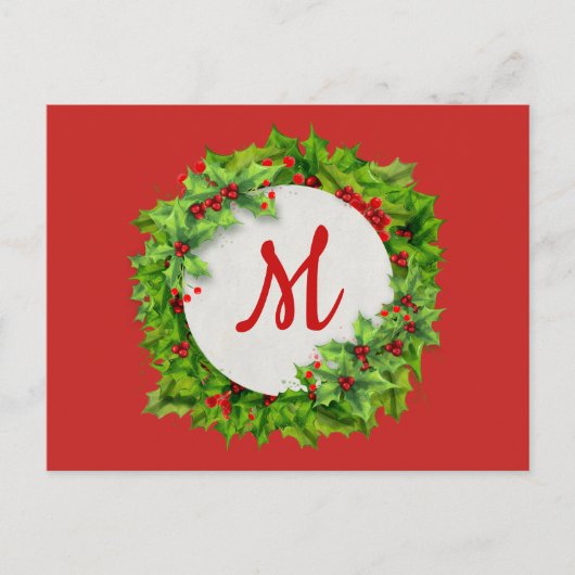 Monogram Holly Berry Wreath Feestdagenkaart (Voorkant)