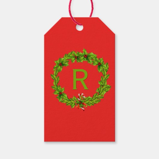 Monogram Holly Berry Wreath Personalized Initial Cadeaulabel (Voorkant)