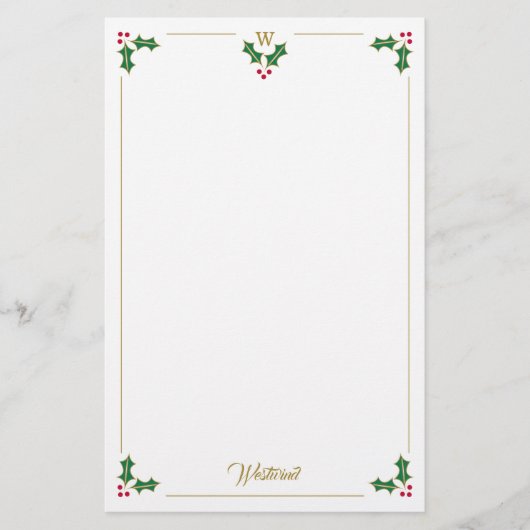 Monogram Holly en bessen gepersonaliseerde kerst Briefpapier (Voorkant)