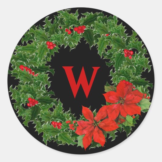 Monogram Holly Krans Kerstmis op Zwart Ronde Sticker (Voorkant)