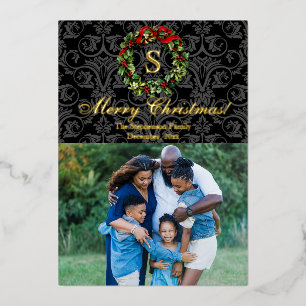 Monogram Holly Wreath kerstfoto Folie Feestdagenkaart