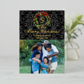 Monogram Holly Wreath kerstfoto Folie Feestdagenkaart (Staand Voorkant)