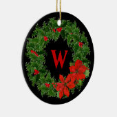 Monogram Holly Wreath op Black - 2 Sided Keramisch Ornament (Rechts)