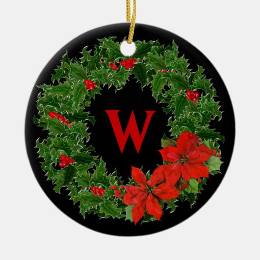 Monogram Holly Wreath op Black - 2 Sided Keramisch Ornament (Voorkant)