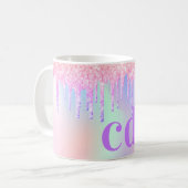 Monogram holografisch roze paarse druppels koffiemok (Voorkant links)