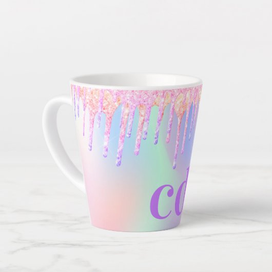 Monogram holografisch roze paarse druppels latte mok (Linkerhoek)