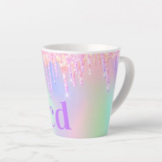 Monogram holografisch roze paarse druppels latte mok (Rechterhoek)