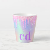 Monogram holografisch roze paarse druppels latte mok (Voorkant)