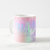Monogram holografisch roze paarse naam koffiemok (Voorkant links)
