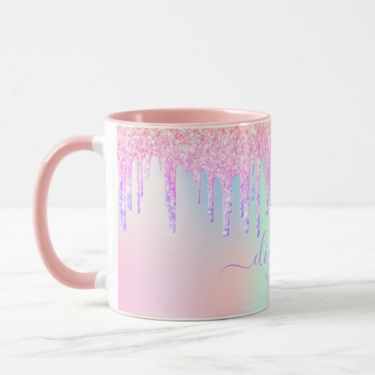 Monogram holografisch unicorn glitter regenboognaa mok (Links)